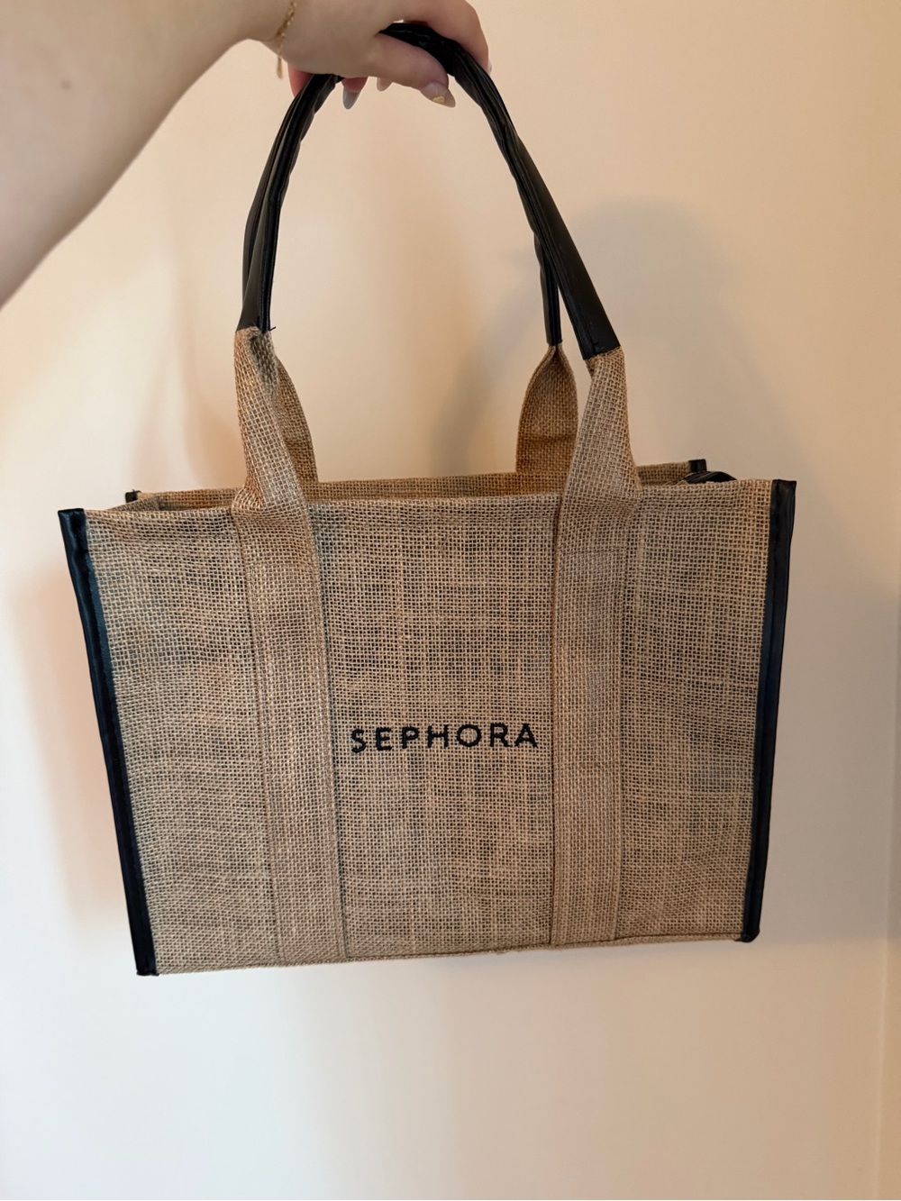 Sephora Natural Tan Jute Tote with Black Trim